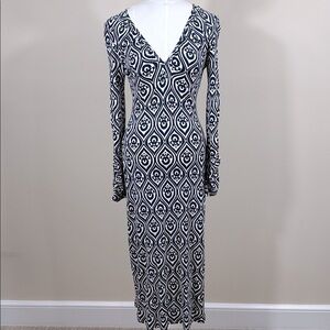 Boden Black White Geometric Print Midi Dress Long Sleeve Viscose Women Size 6P